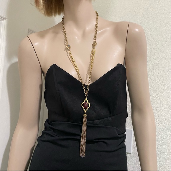 Vintage Double Sided Semi-Precious Stone Gold-tone Chain Tassel Necklace - Picture 3 of 16
